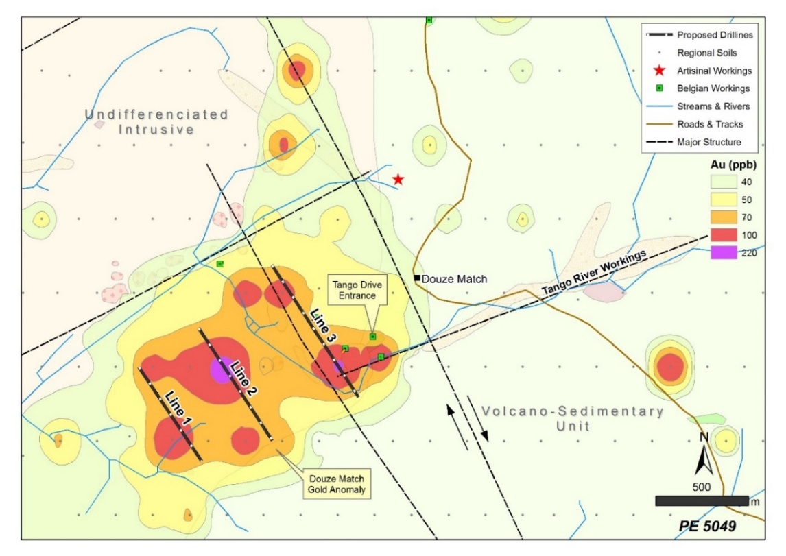 Figure 1: Drill fence location map showing the interpreted geology and soil anomaly at the Douze Match target area.